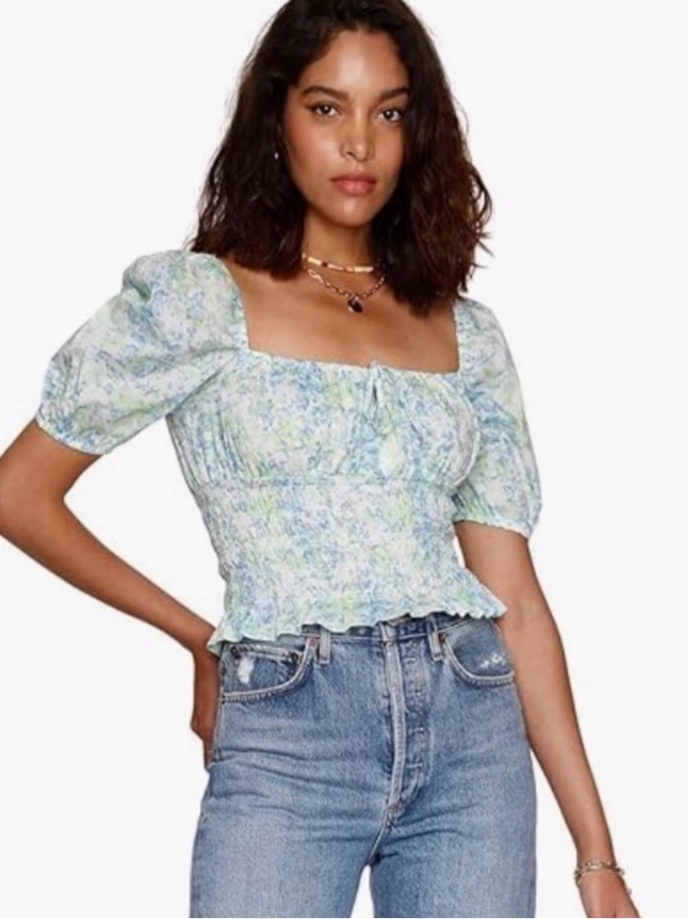 Heartloom Amanda Top Seaglass Floral Smocked Puff Sleeve Crop XS Cottagecore